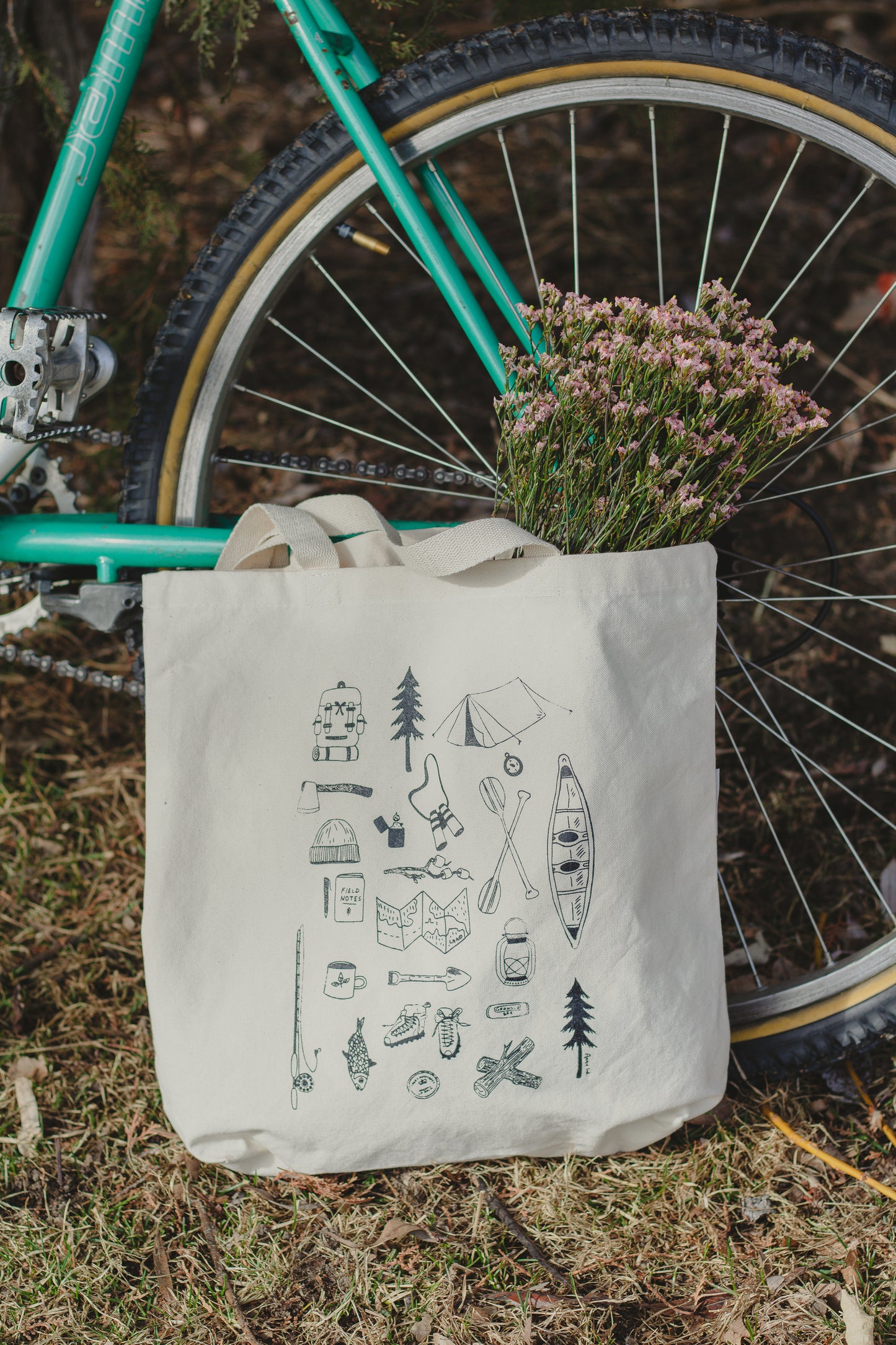 100% Organic Cotton Canvas Tote Bags with Gusset - Washable Tote Bags - Camping Design - Heavy Duty - 12-ounce Canvas - Web Handles